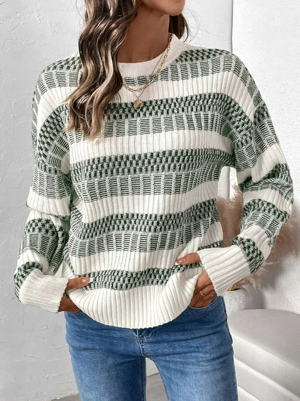 Front angle of Perfee Contrast Round Neck Long Sleeve Sweater