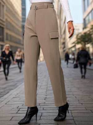 (Front view of Perfee high waist straight pants styled)