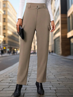 (Close-up front view of Perfee high waist straight pants with detail)