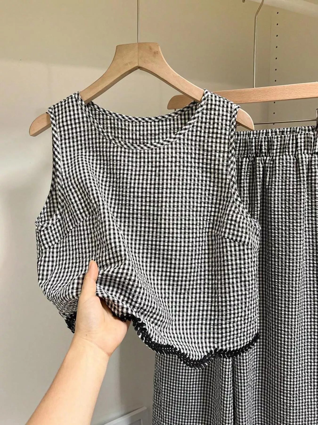 Detailed display of plaid scalloped trim tank and pants set