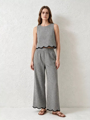 Front view of Plaid Scalloped Trim Tank and Pants Set