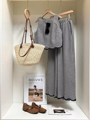 Plaid scalloped trim two-piece outfit hanging display