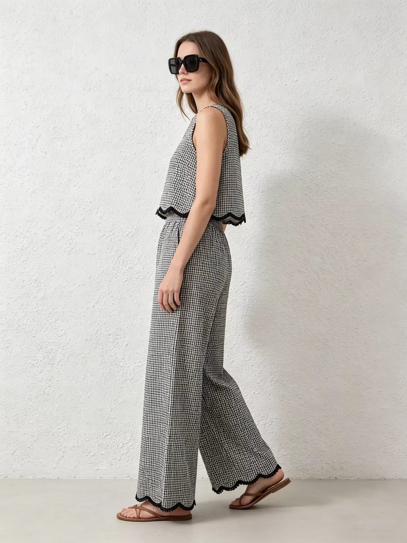 Alternate side view of Plaid Scalloped Trim Tank and Pants Set