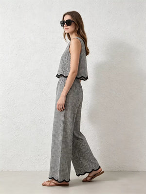 Alternate side view of Plaid Scalloped Trim Tank and Pants Set