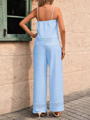 Back side of Lace Trim Cami and Wide Leg Pants Set