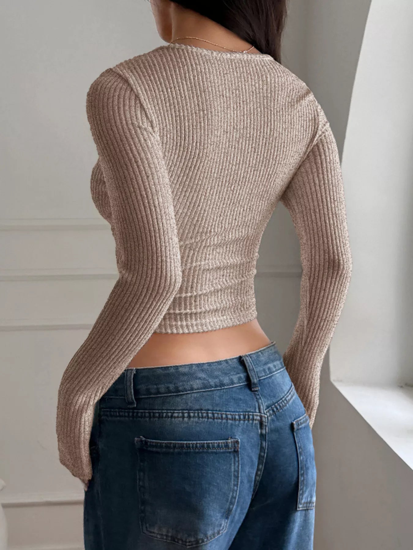 Full back view of ribbed long sleeve crop t-shirt