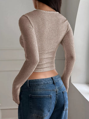 Full back view of ribbed long sleeve crop t-shirt