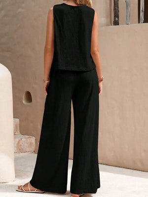 Back view round neck sleeveless top and wide leg pants set