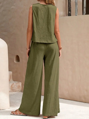 Back view of round neck sleeveless top and wide leg pants set