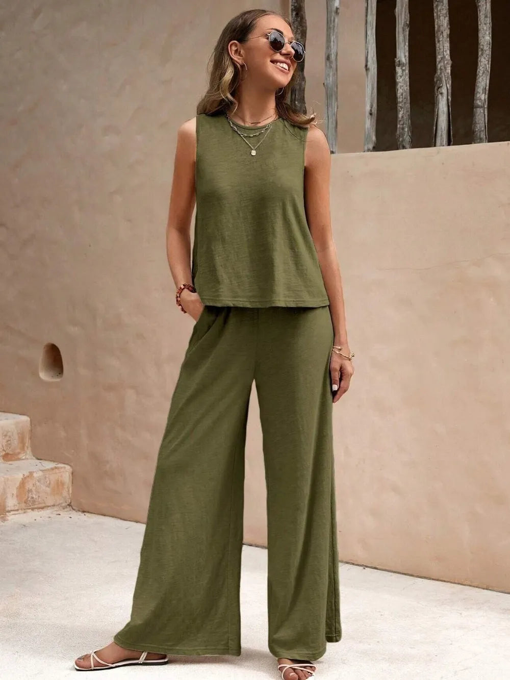 Round neck sleeveless top and wide leg pants set front view