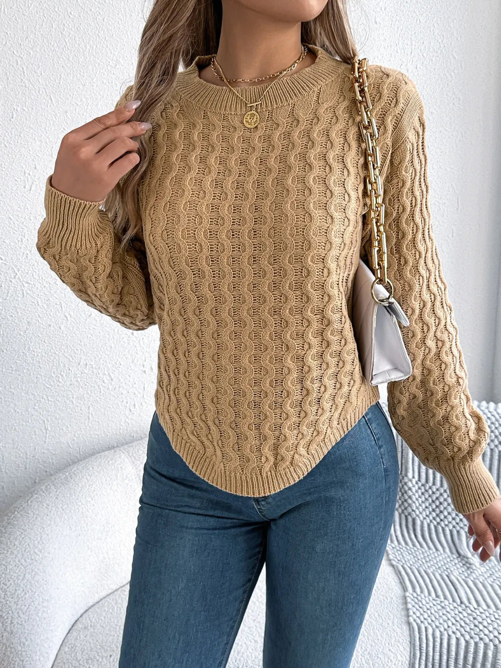 Round neck asymmetric sweater front look for women
