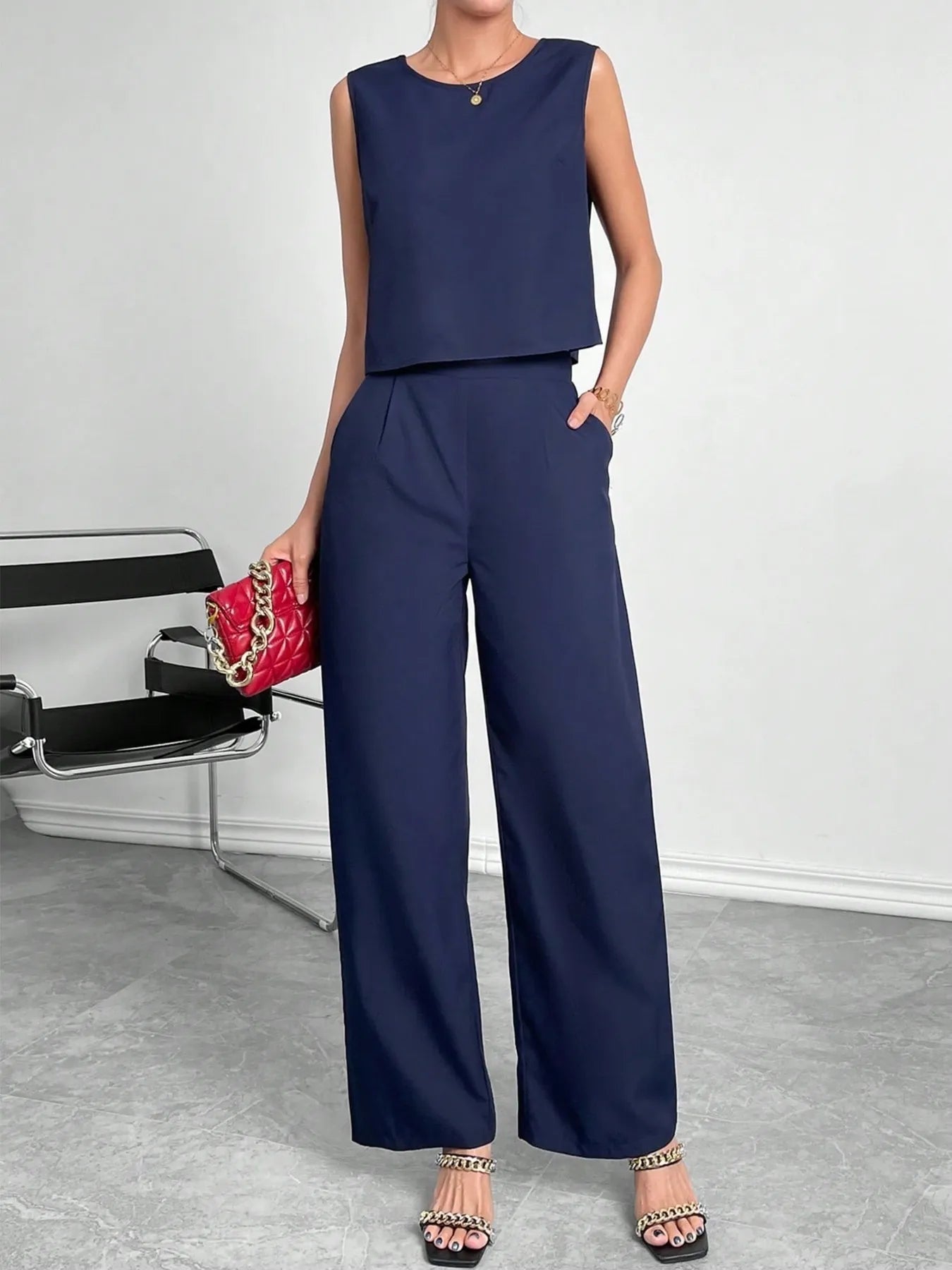 round neck top and pants set front view casual outfit