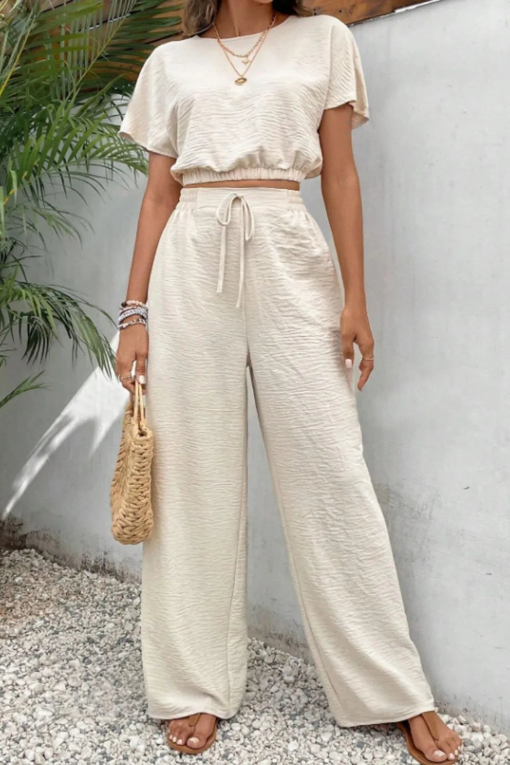 Front view of Round Neck Short Sleeve Top and Pants Set