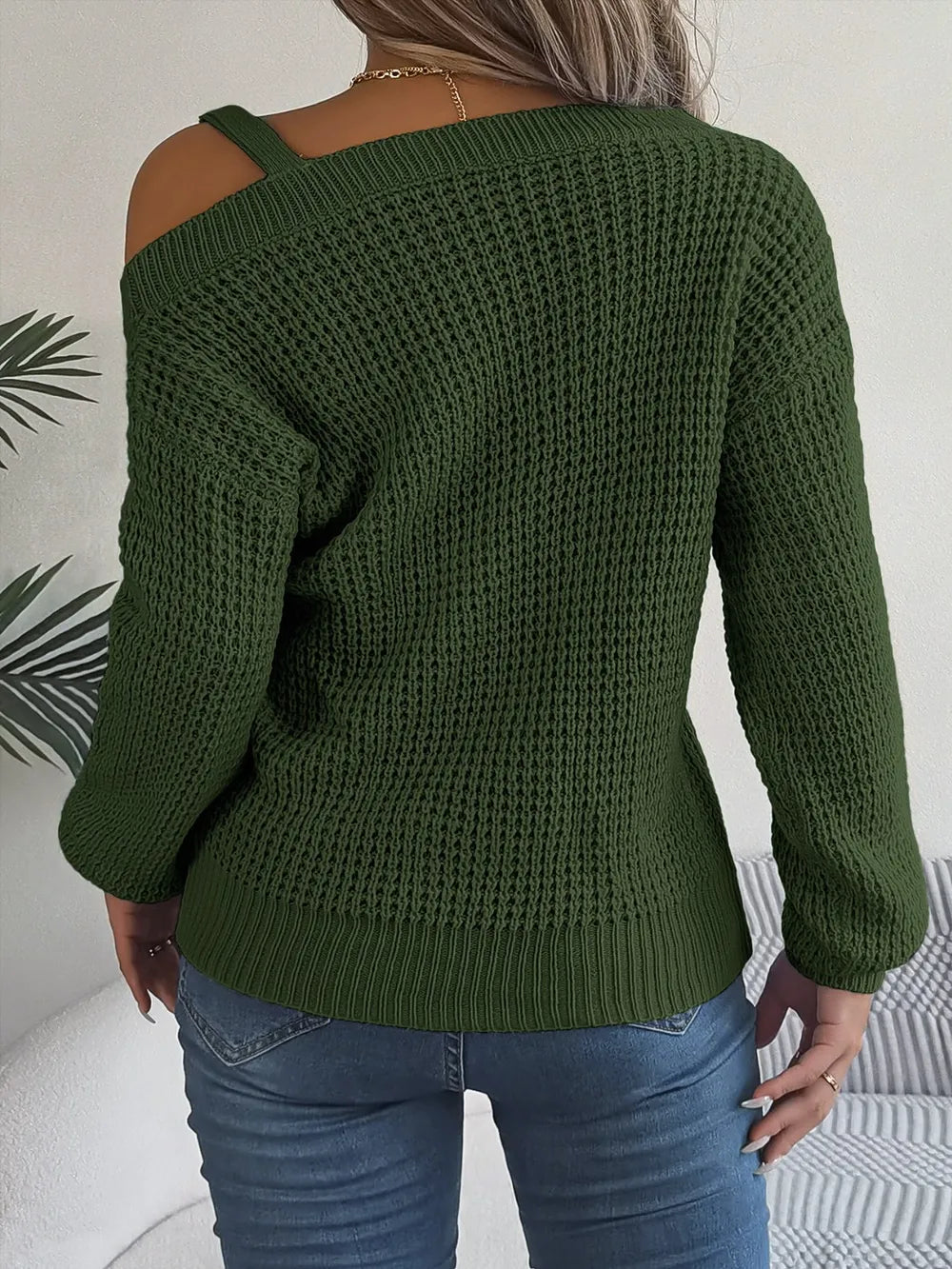 back side asymmetrical neck long sleeve sweater