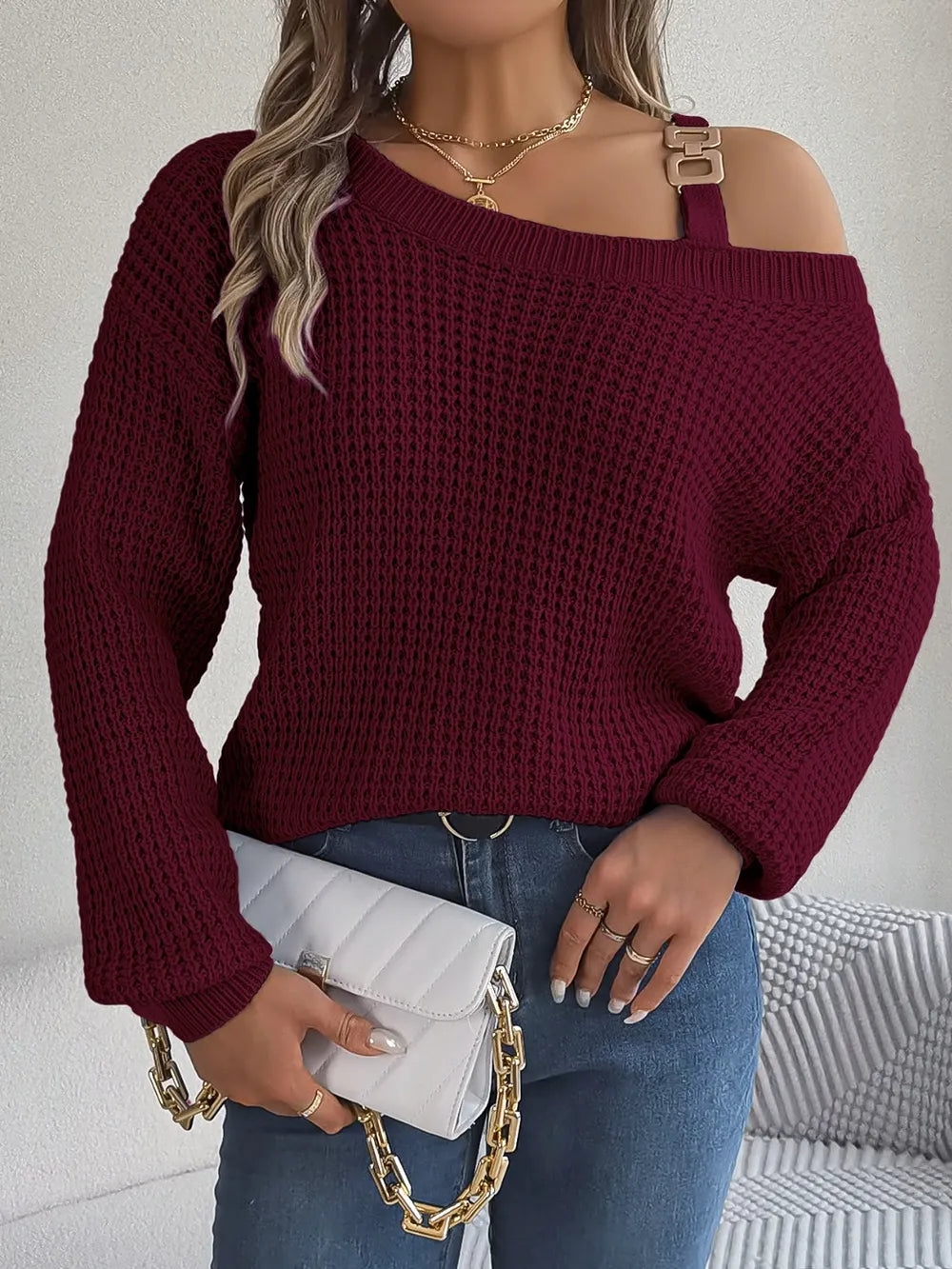 asymmetrical neck long sleeve sweater front view modern style