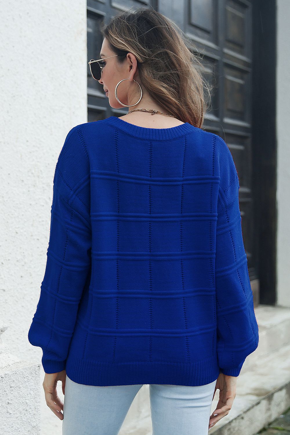 Rear view round neck long sleeve sweater soft warm clothing
