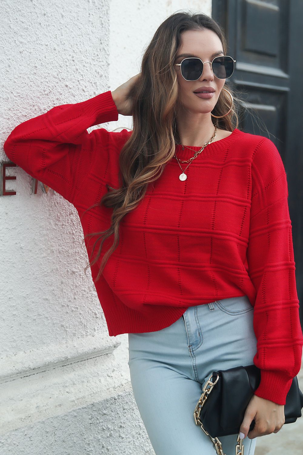 Front look round neck sweater long sleeve casual everyday style
