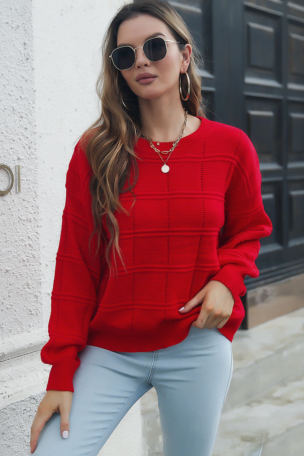 Round neck long sleeve sweater front view cozy casual knitwear