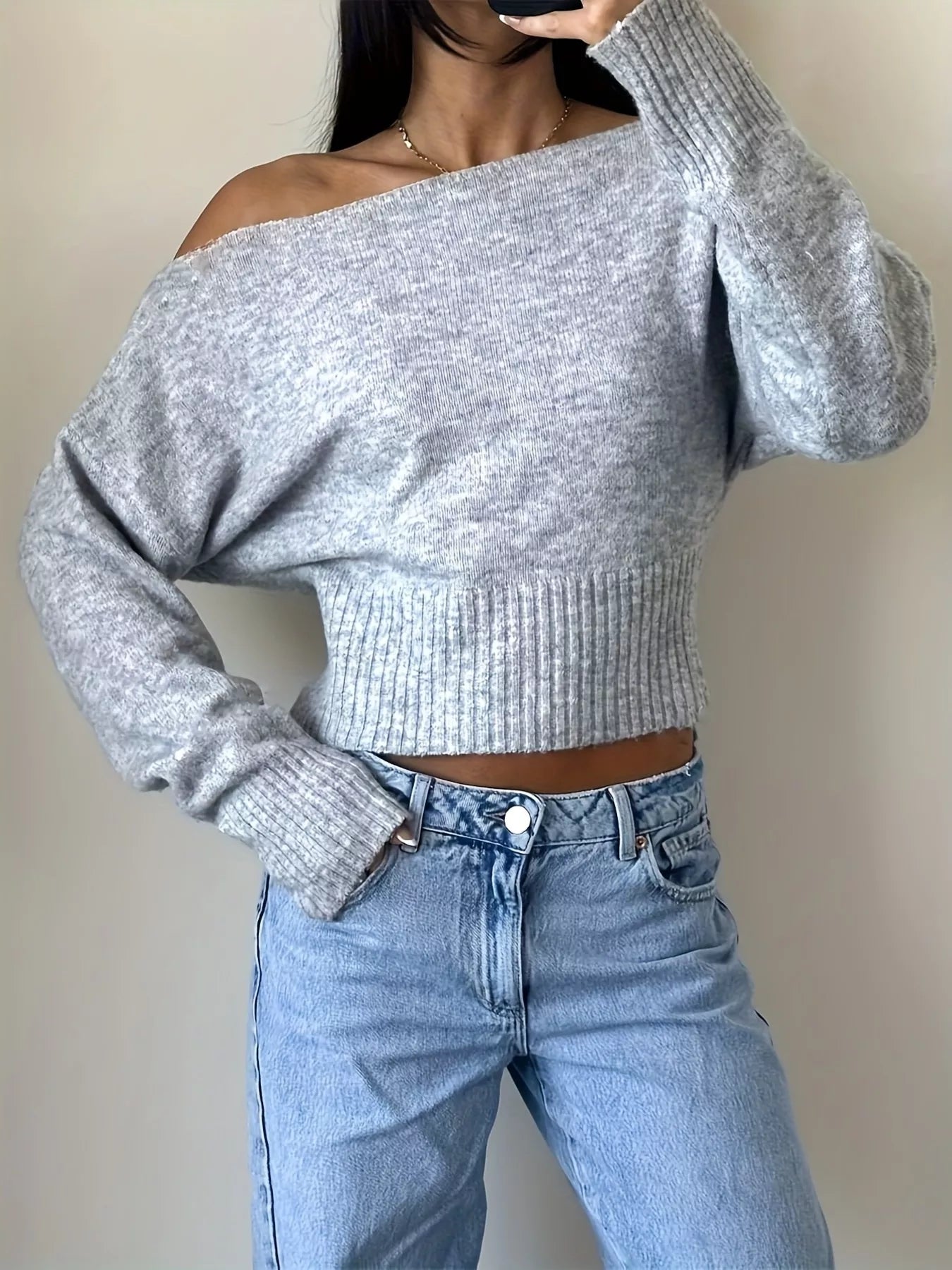 Boat neck long sleeve sweater front view