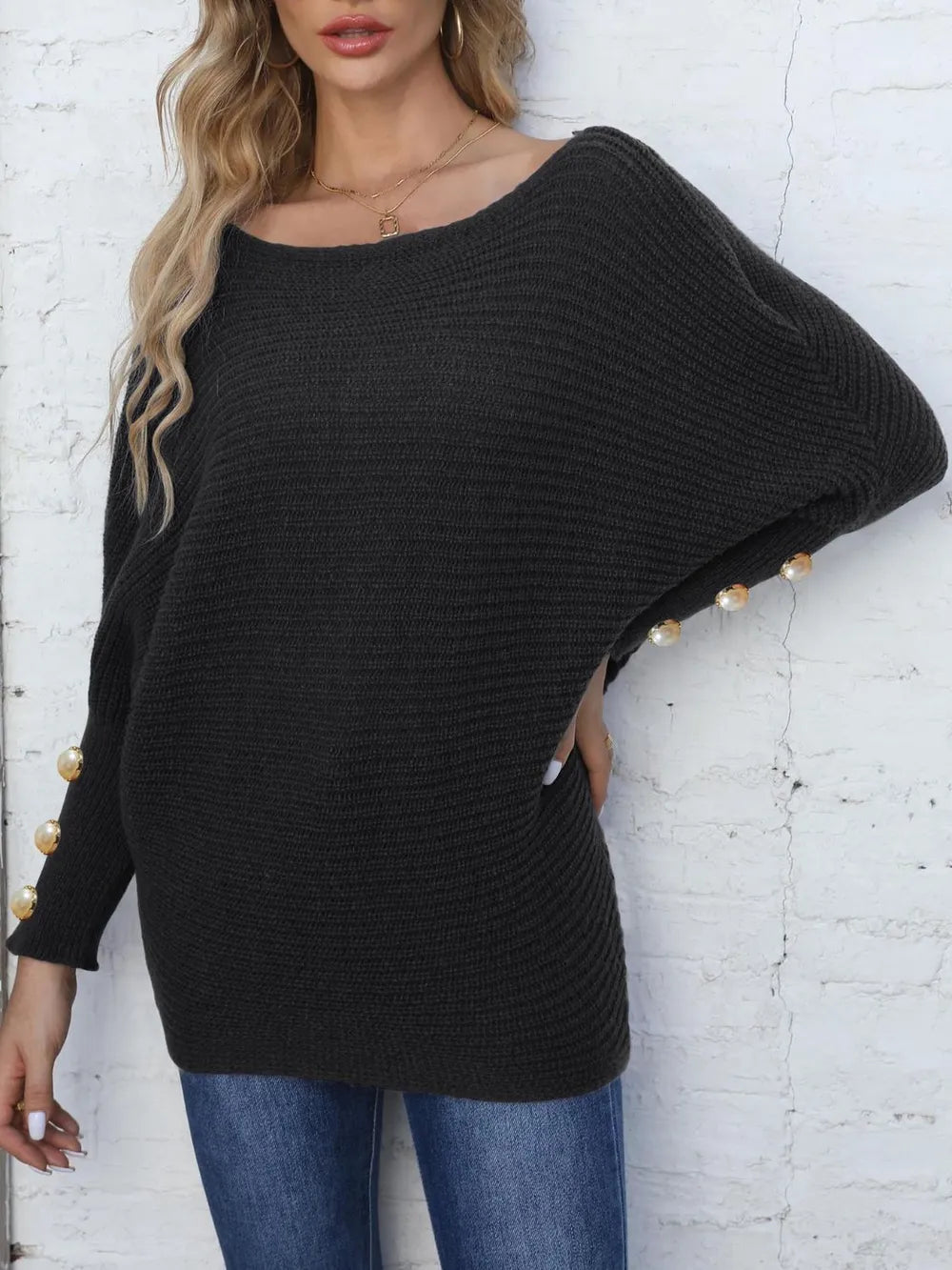 Boat neck long sleeve sweater front cozy texture
