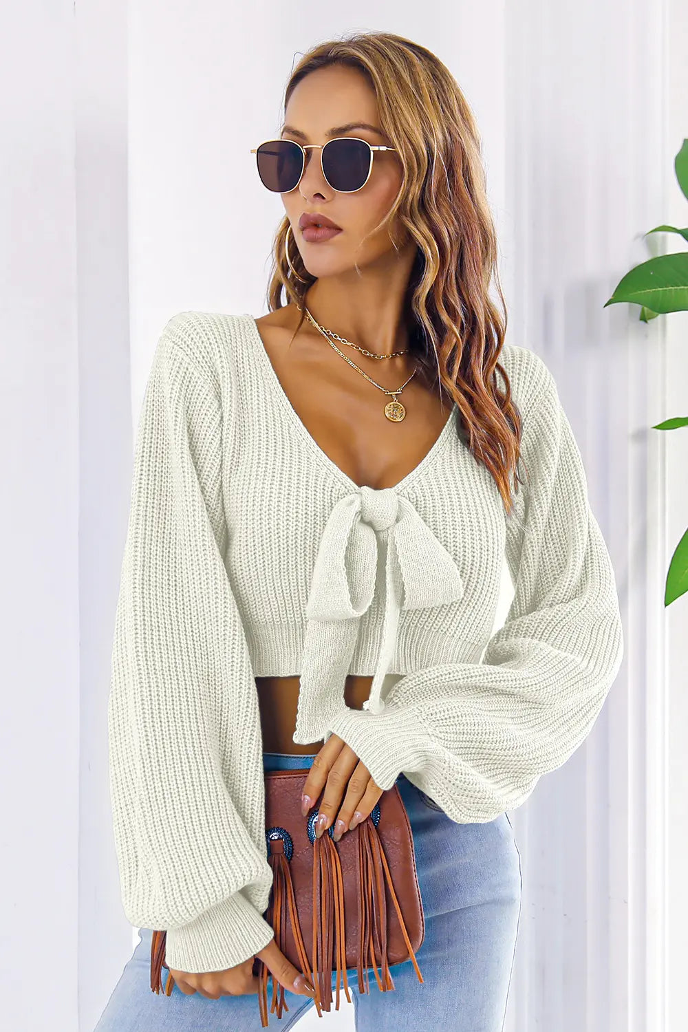 Chic bow V-neck cropped sweater front 