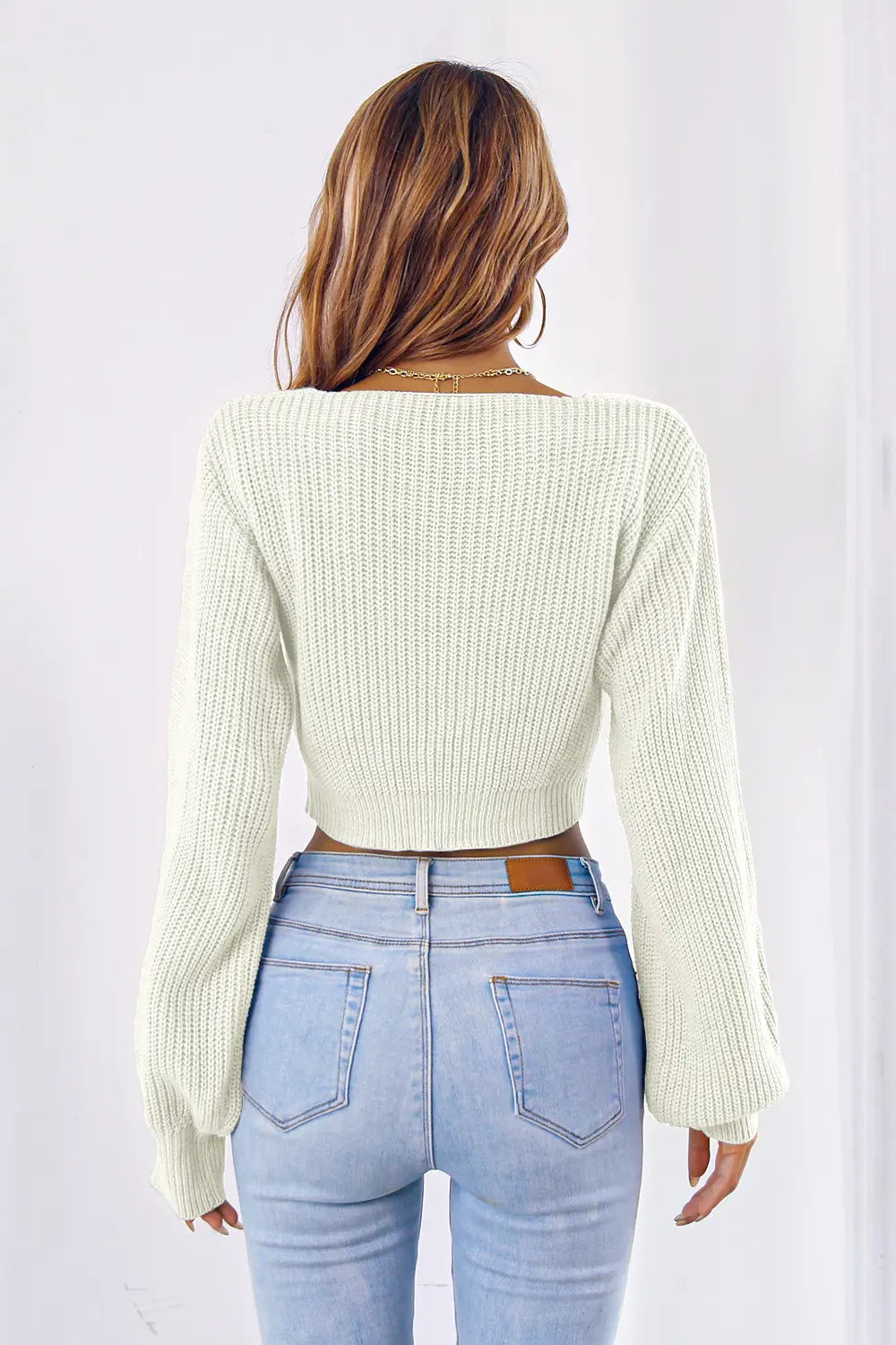 Stylish bow V-neck cropped sweater front view