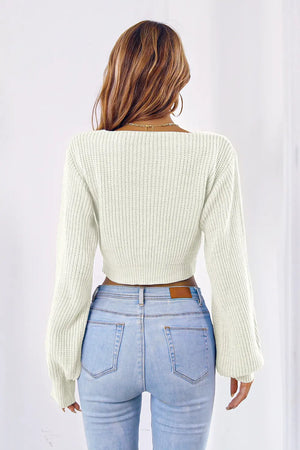 Stylish bow V-neck cropped sweater front view