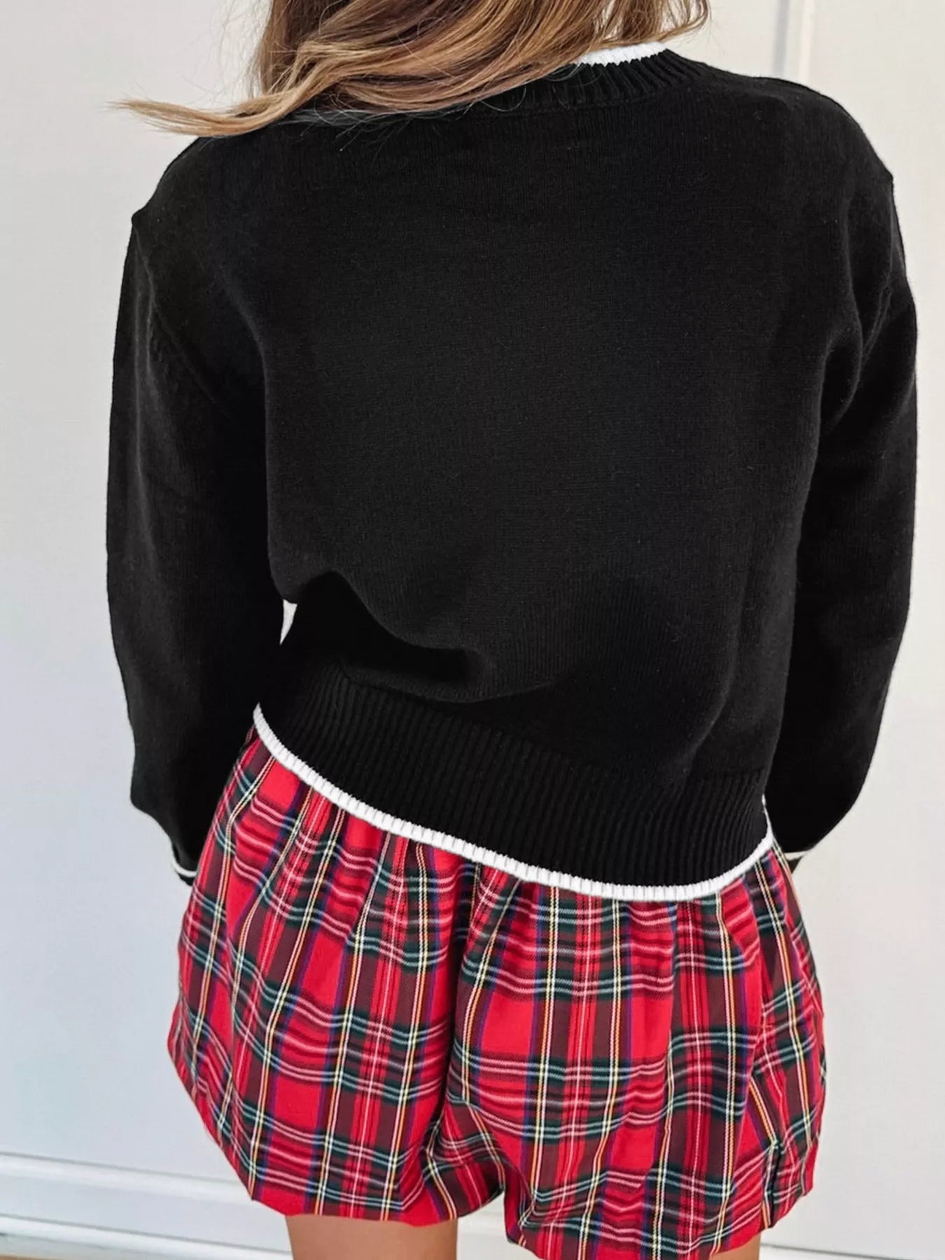 Cropped holiday sweater back design with contrast trim