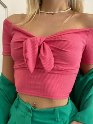 Fashionable front angle of off-shoulder cropped top
