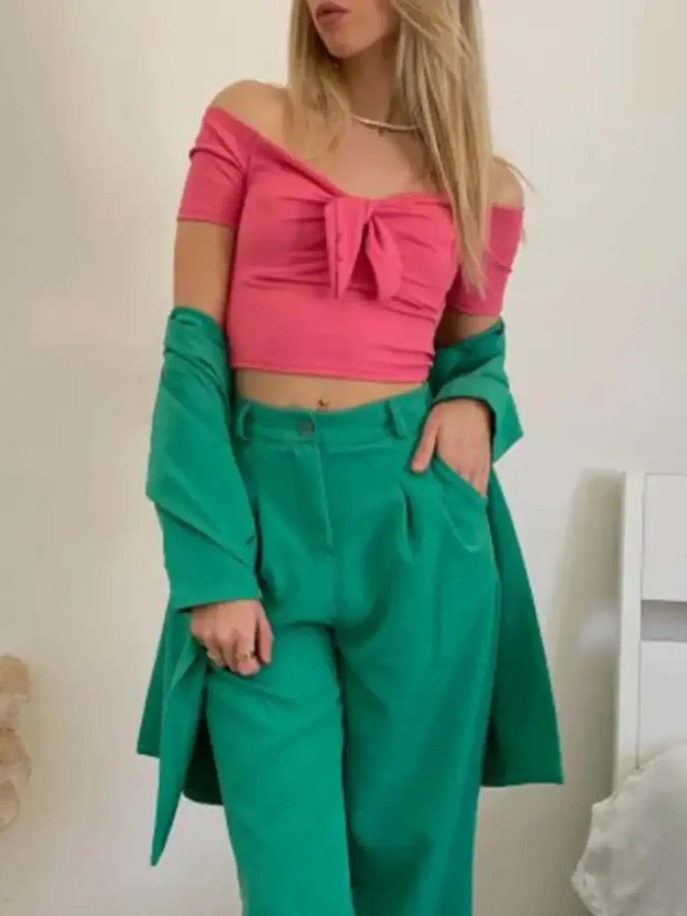 Stylish front perspective of Off-Shoulder Bow-Tie Top