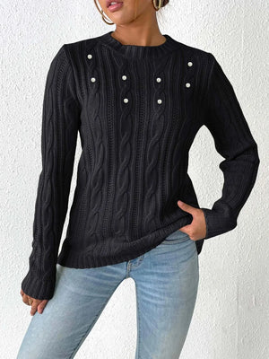 Elegant cable knit sweater front round neck long sleeve fashion