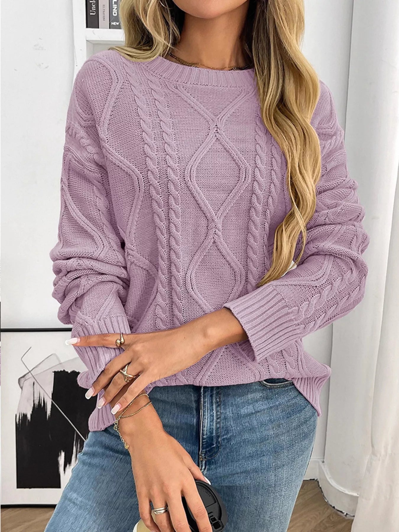 cable knit round neck long sleeve sweater front view cozy winter style