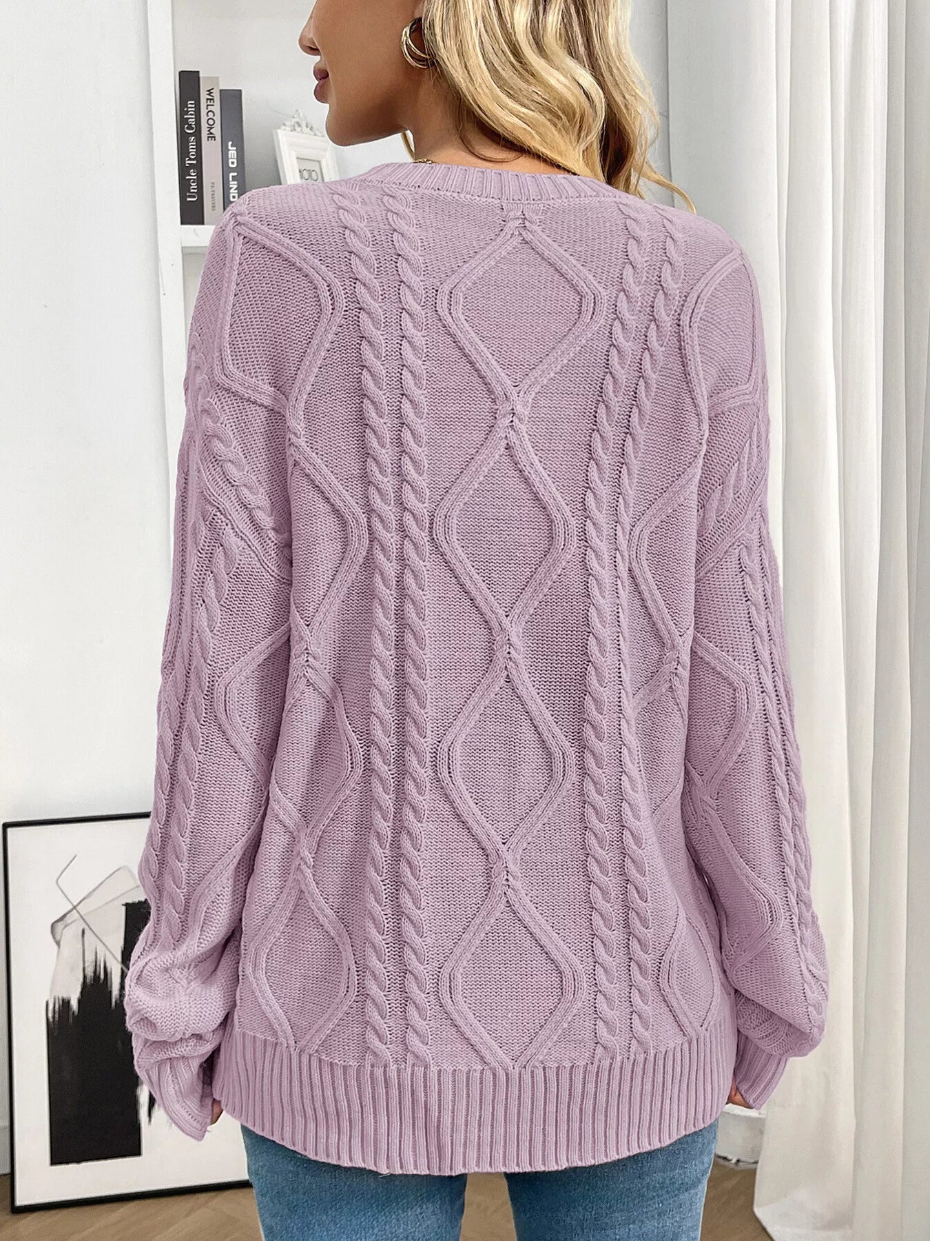 back view cable knit round neck long sleeve sweater