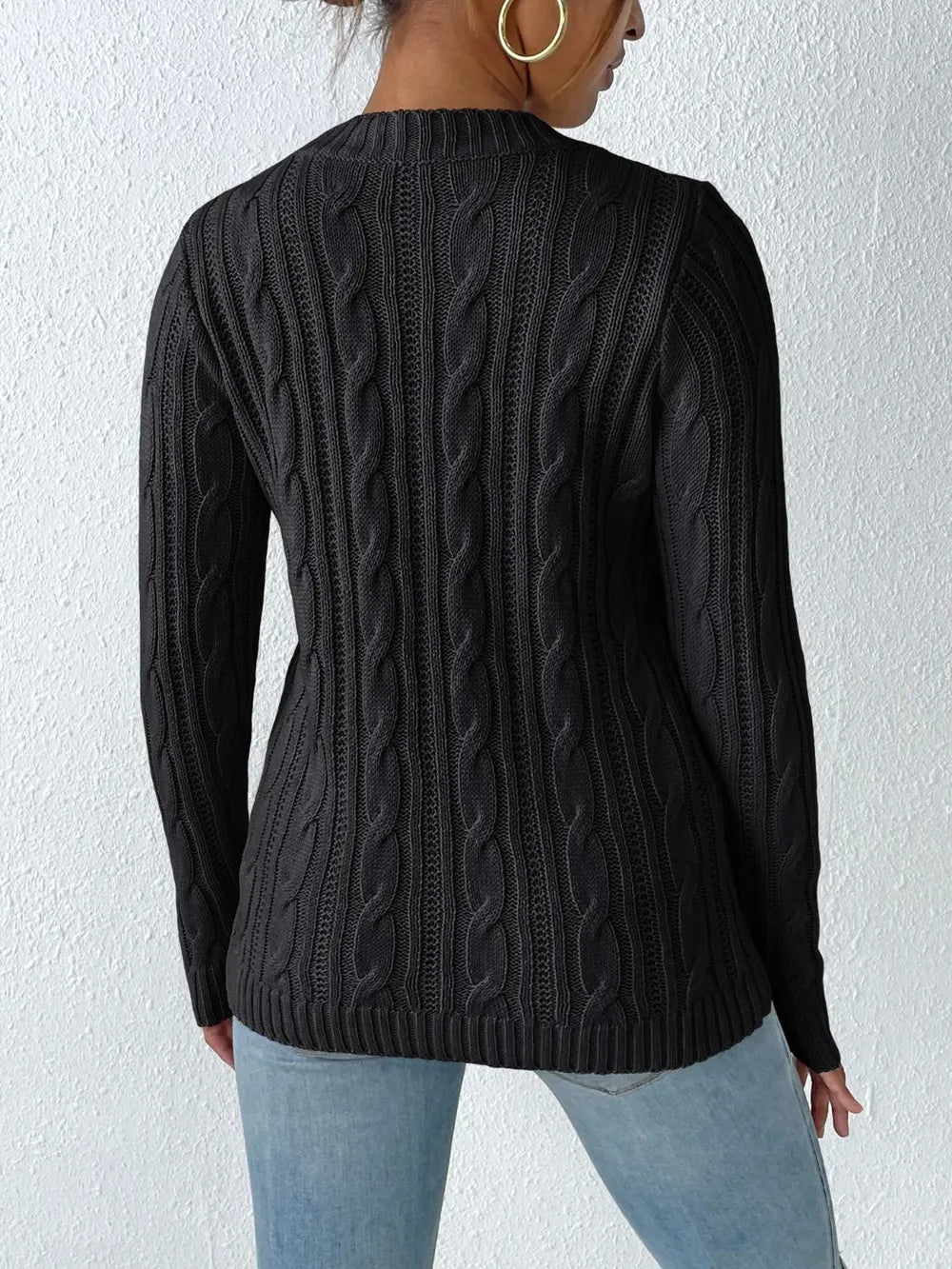 Back view cable knit sweater long sleeve cozy winter wear