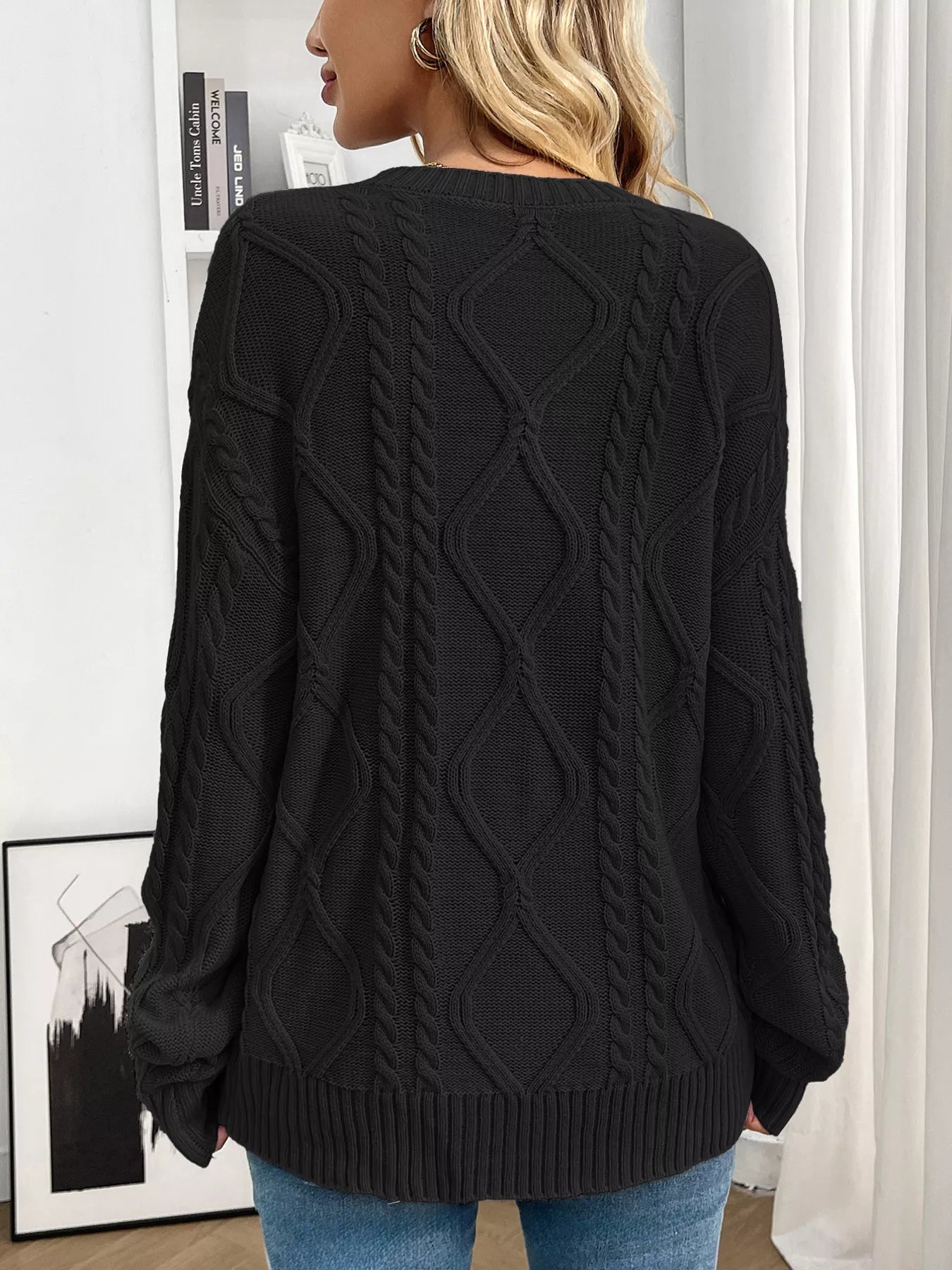 back view cable knit long sleeve sweater full design