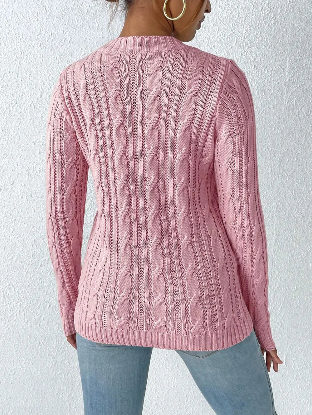Rear view cable knit sweater round neck long sleeve cozy outfit