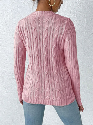 Rear view cable knit sweater round neck long sleeve cozy outfit