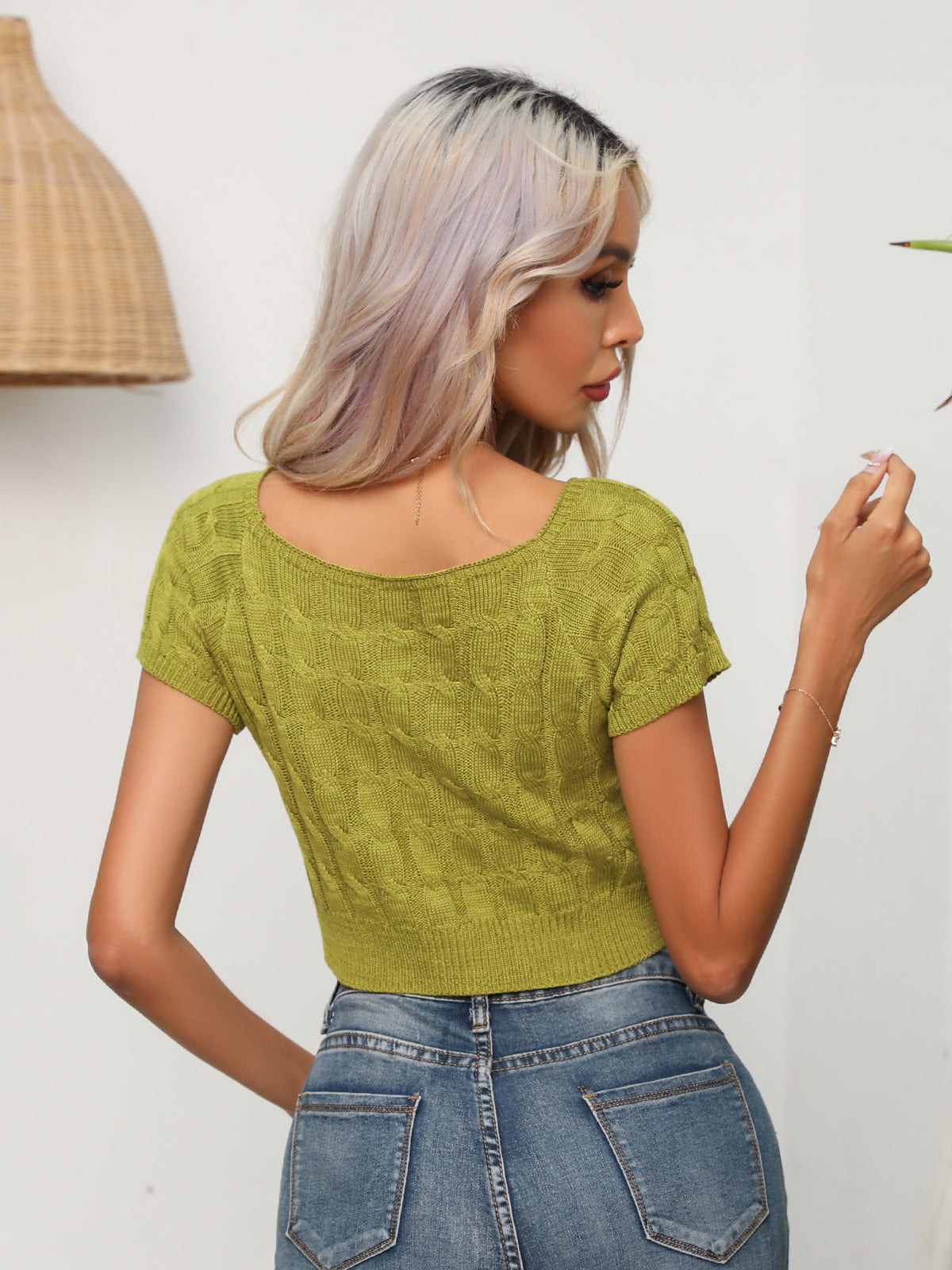 Cable-knit round neck short sleeve knit top back view