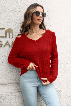women cable knit cold shoulder sweater front trendy winter style