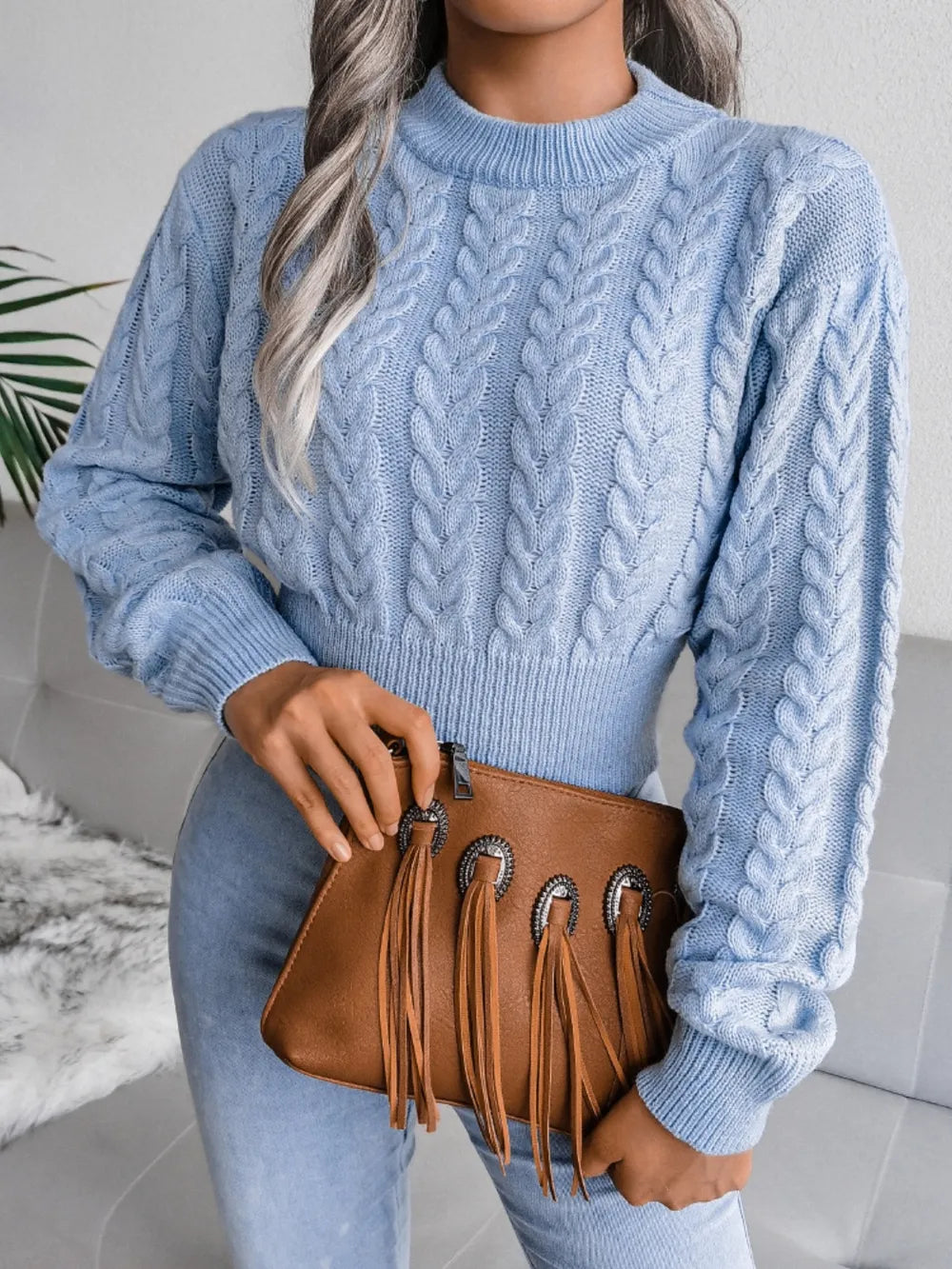 stylish women cable knit sweater front cozy outfit