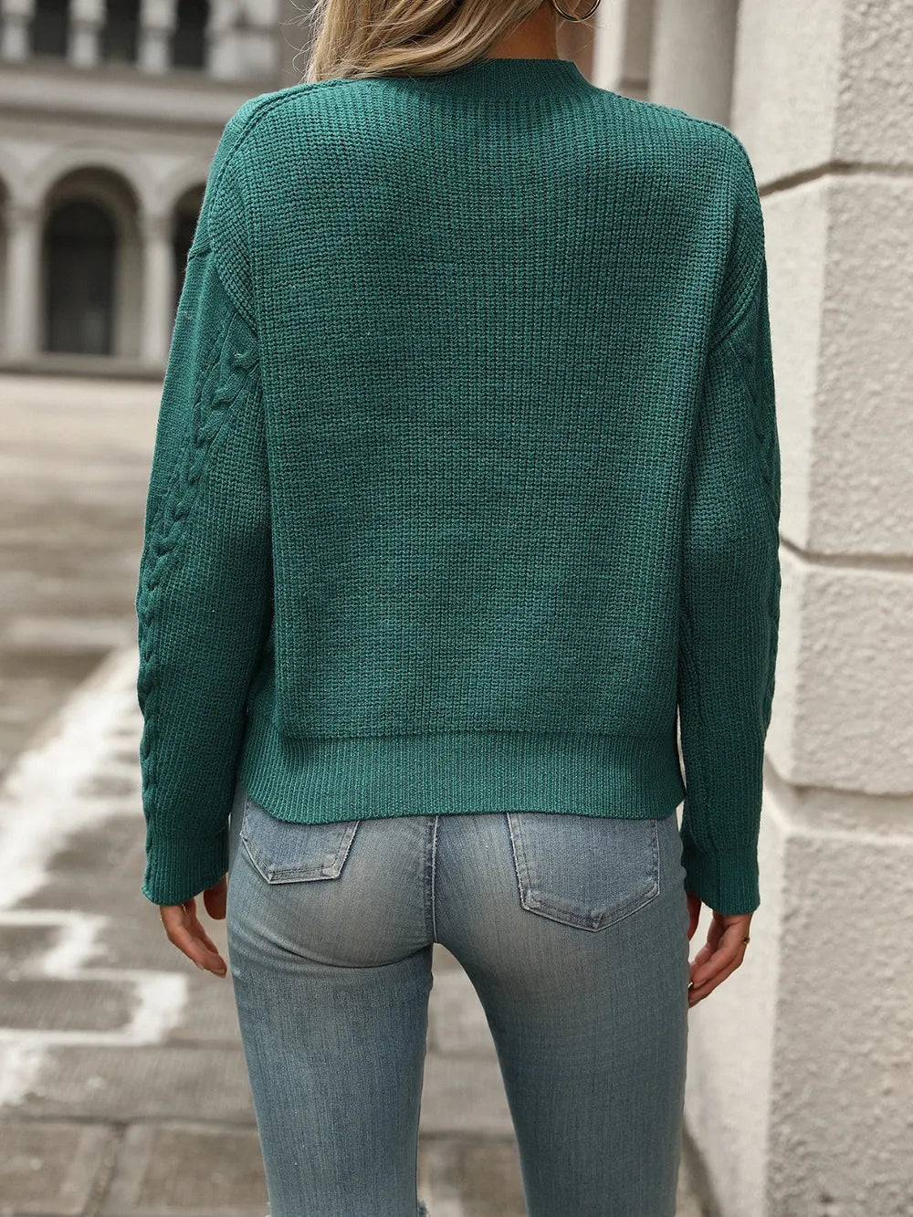Back side cable knit sweater long sleeve winter outfit