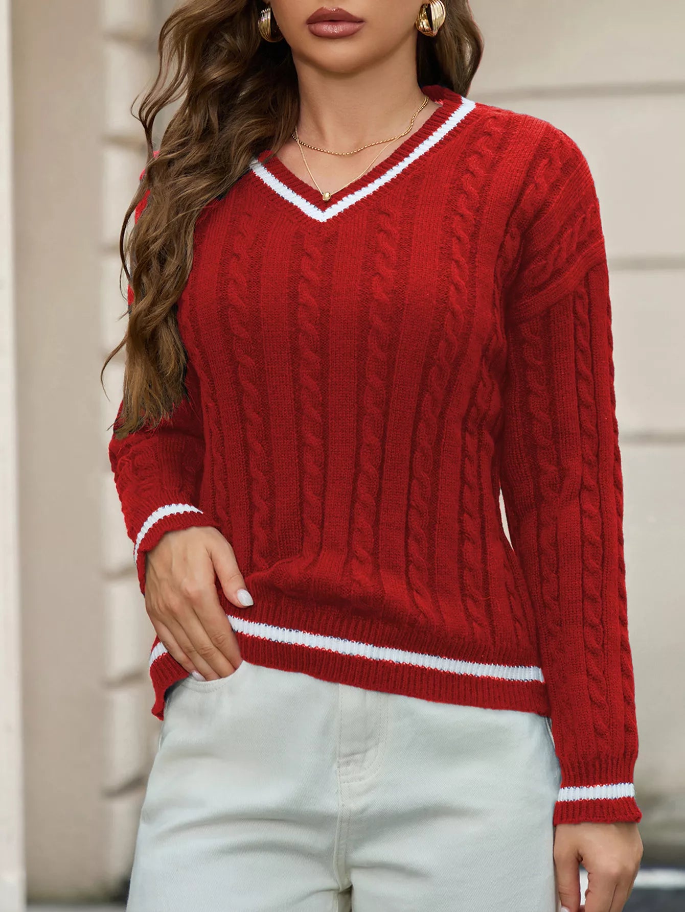women cable knit v neck sweater front casual winter style