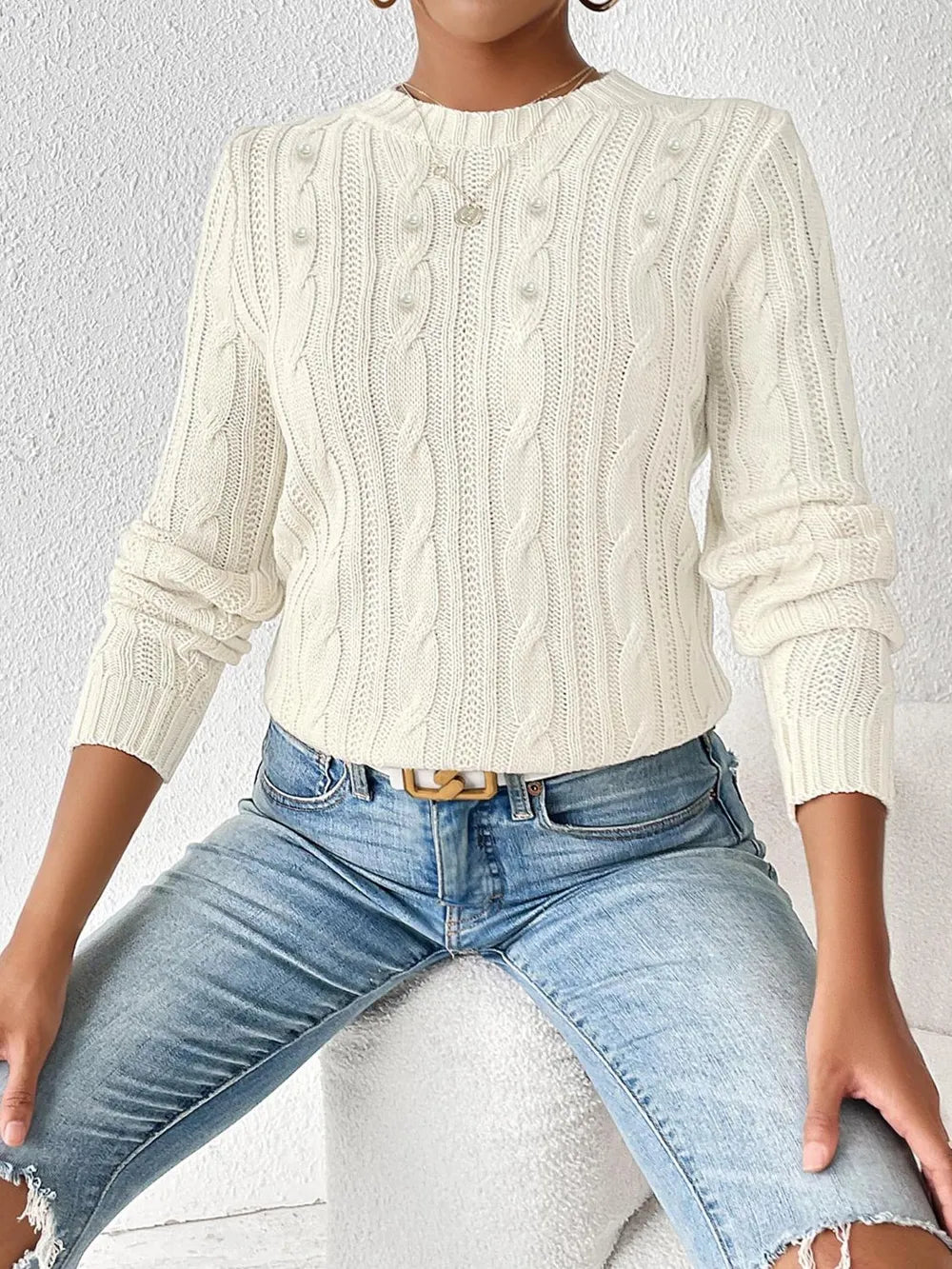 Women cable knit sweater front view warm and comfortable style