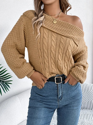 Front view of cable knit one shoulder long sleeve sweater stylish asymmetrical design