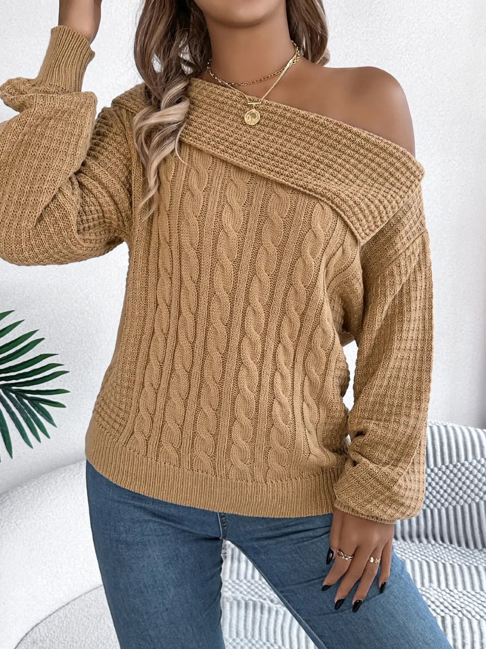 Front side of trendy one shoulder cable knit sweater for women