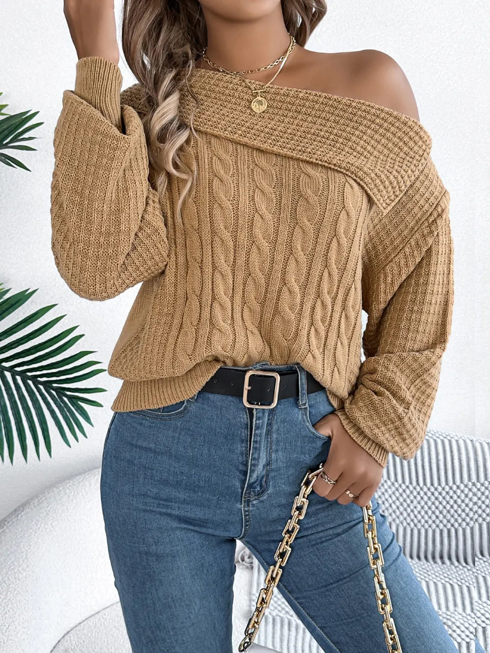 Elegant cable knit one shoulder sweater front fashion outfit