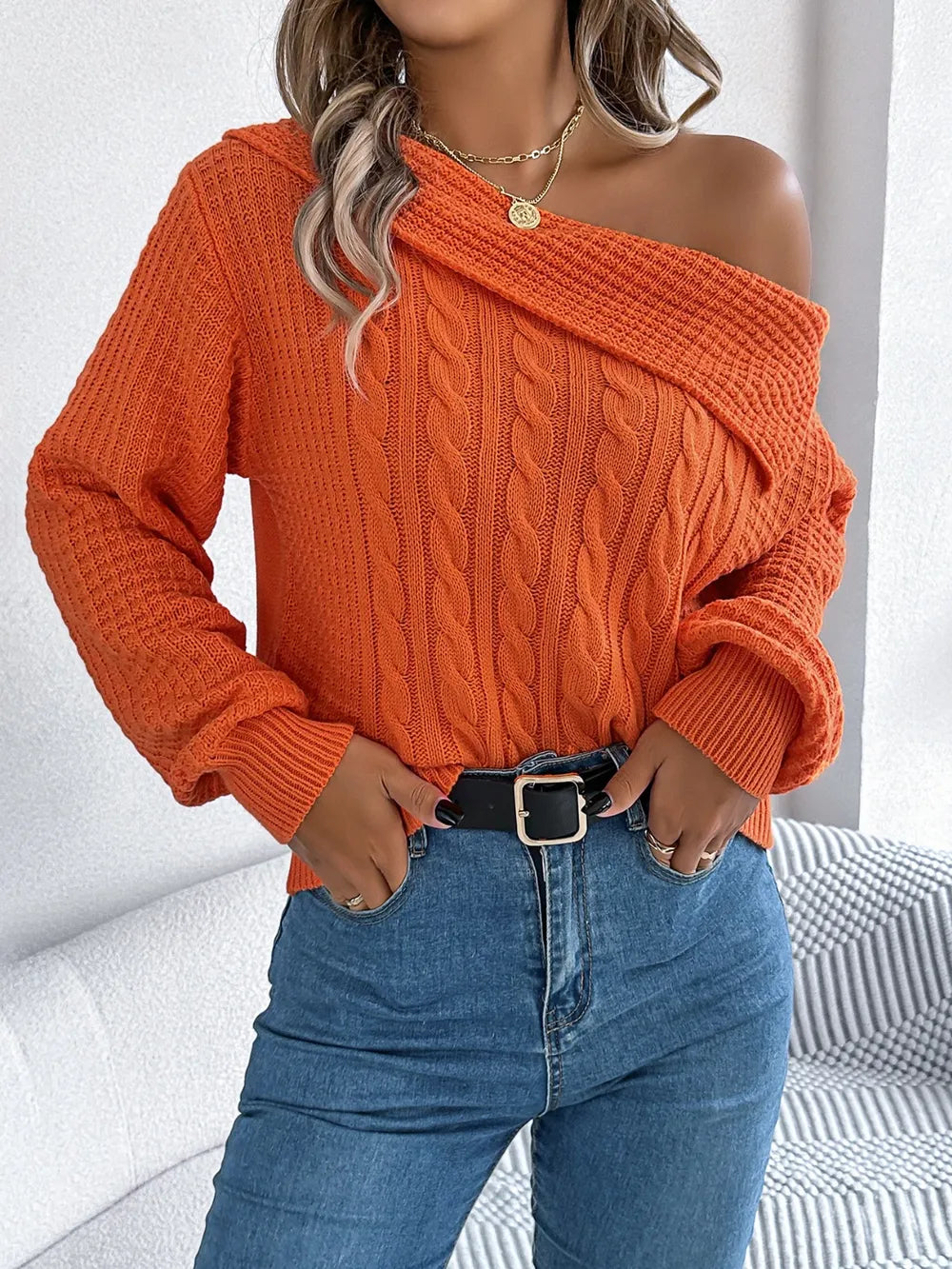 Fashionable one shoulder sweater front cozy cable knit design