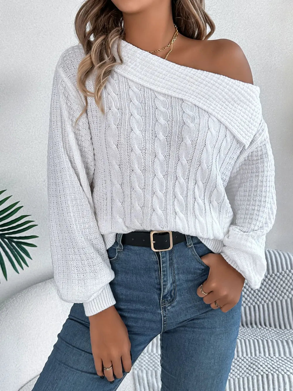 Front outfit of cable knit one shoulder sweater stylish look