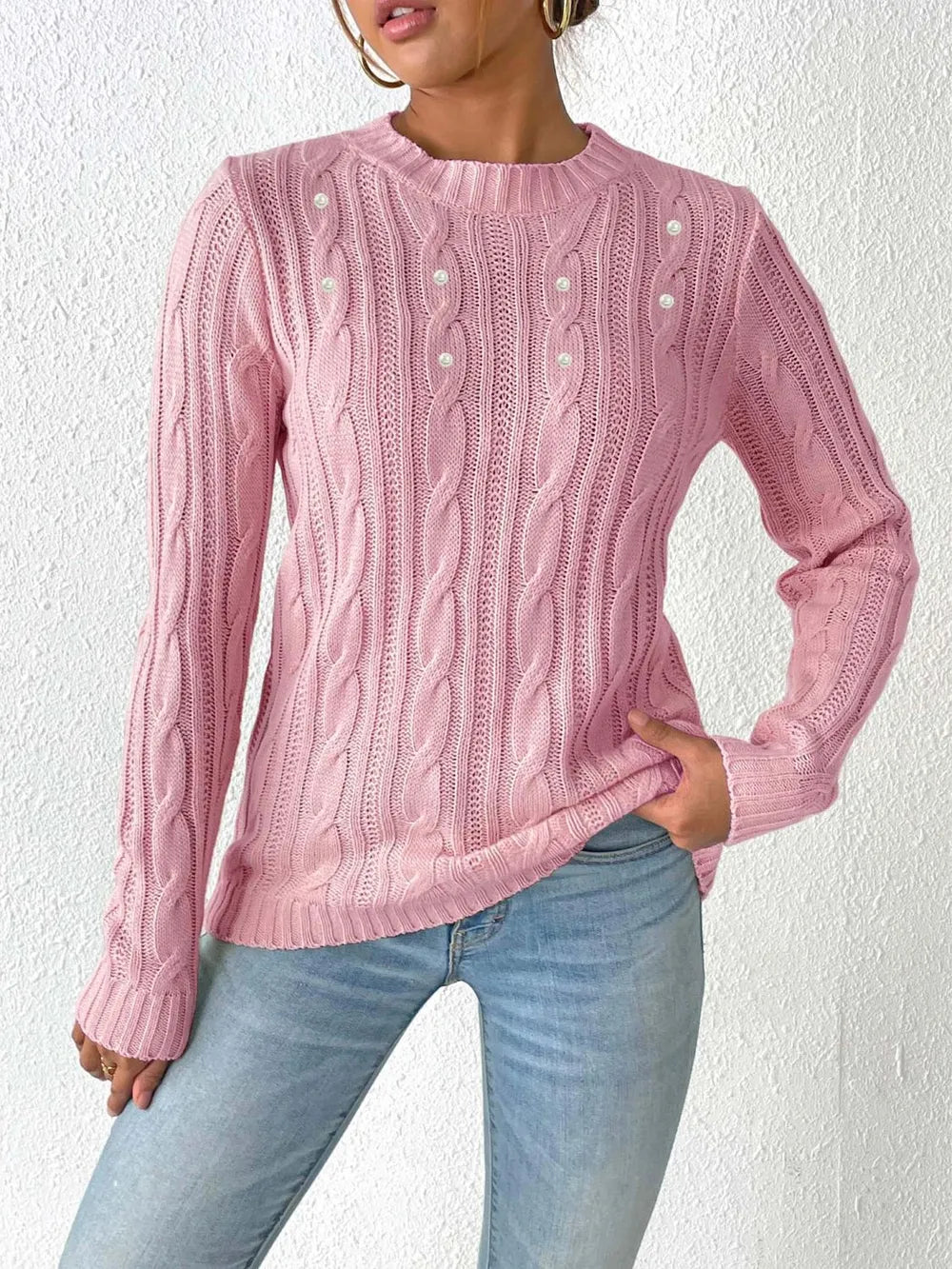 Cable knit long sleeve sweater front casual everyday wear