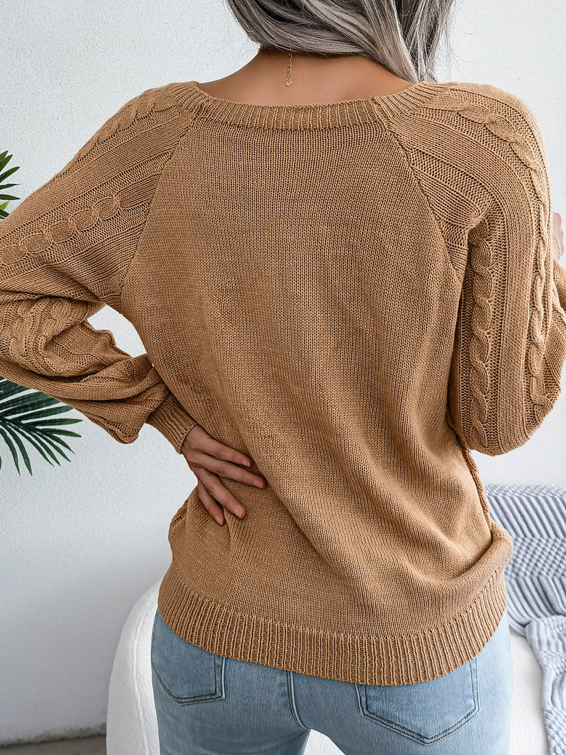 decorative button cable knit sweater back view